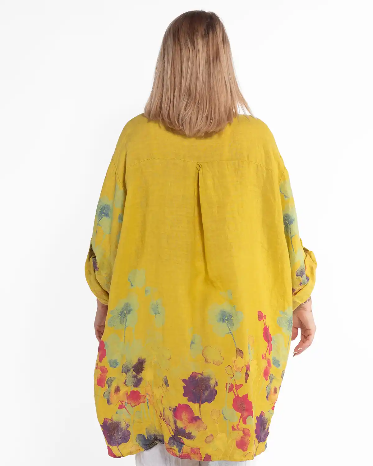 Cămașă galbenă casual tip tunică din in cu imprimeu floral [2]