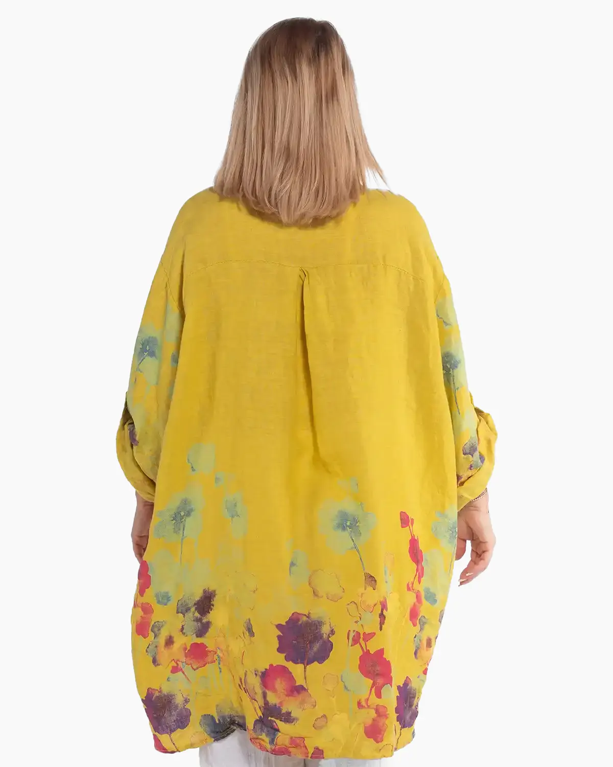 Cămașă galbenă casual tip tunică din in cu imprimeu floral [2]