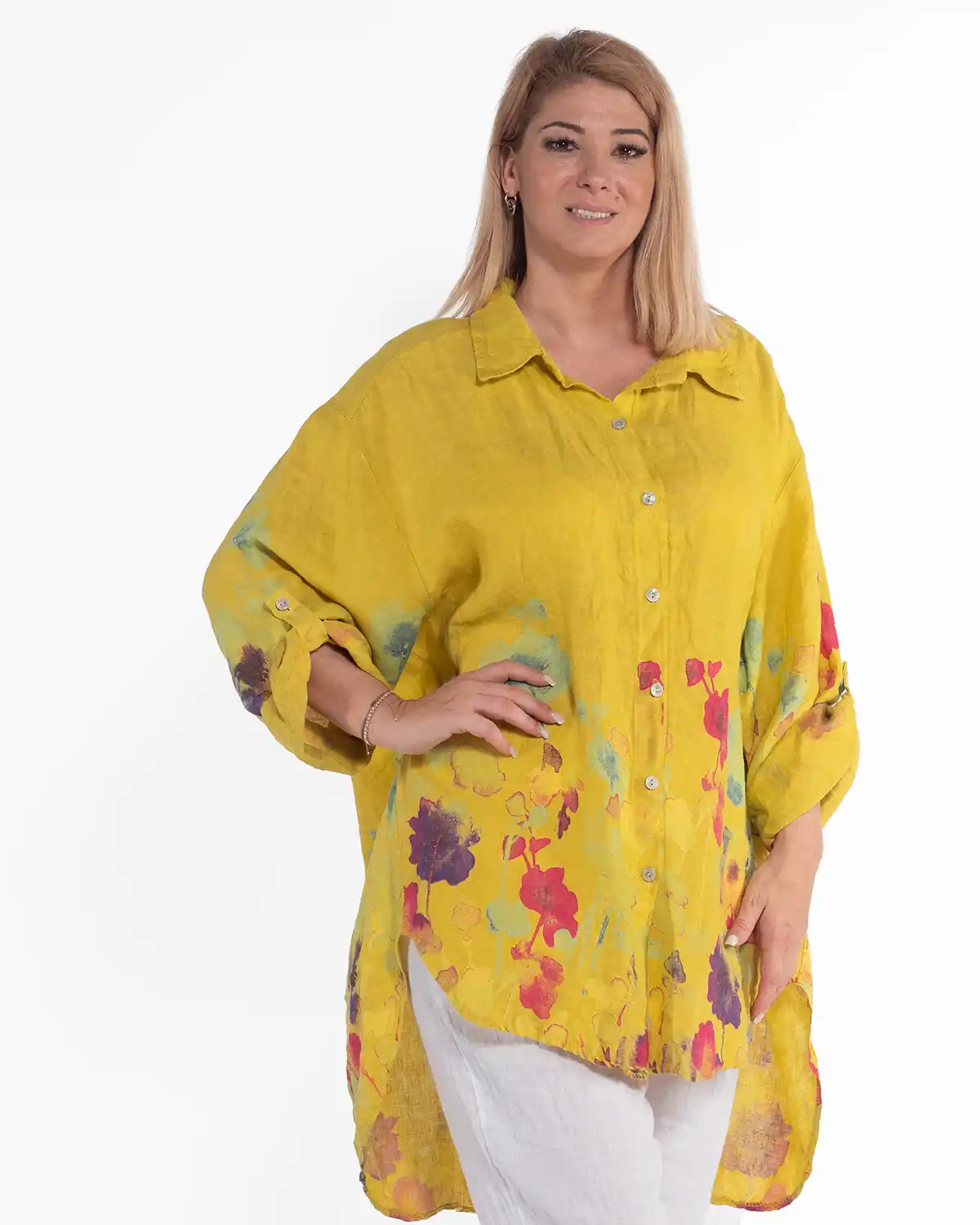 Cămașă galbenă casual tip tunică din in cu imprimeu floral [4]