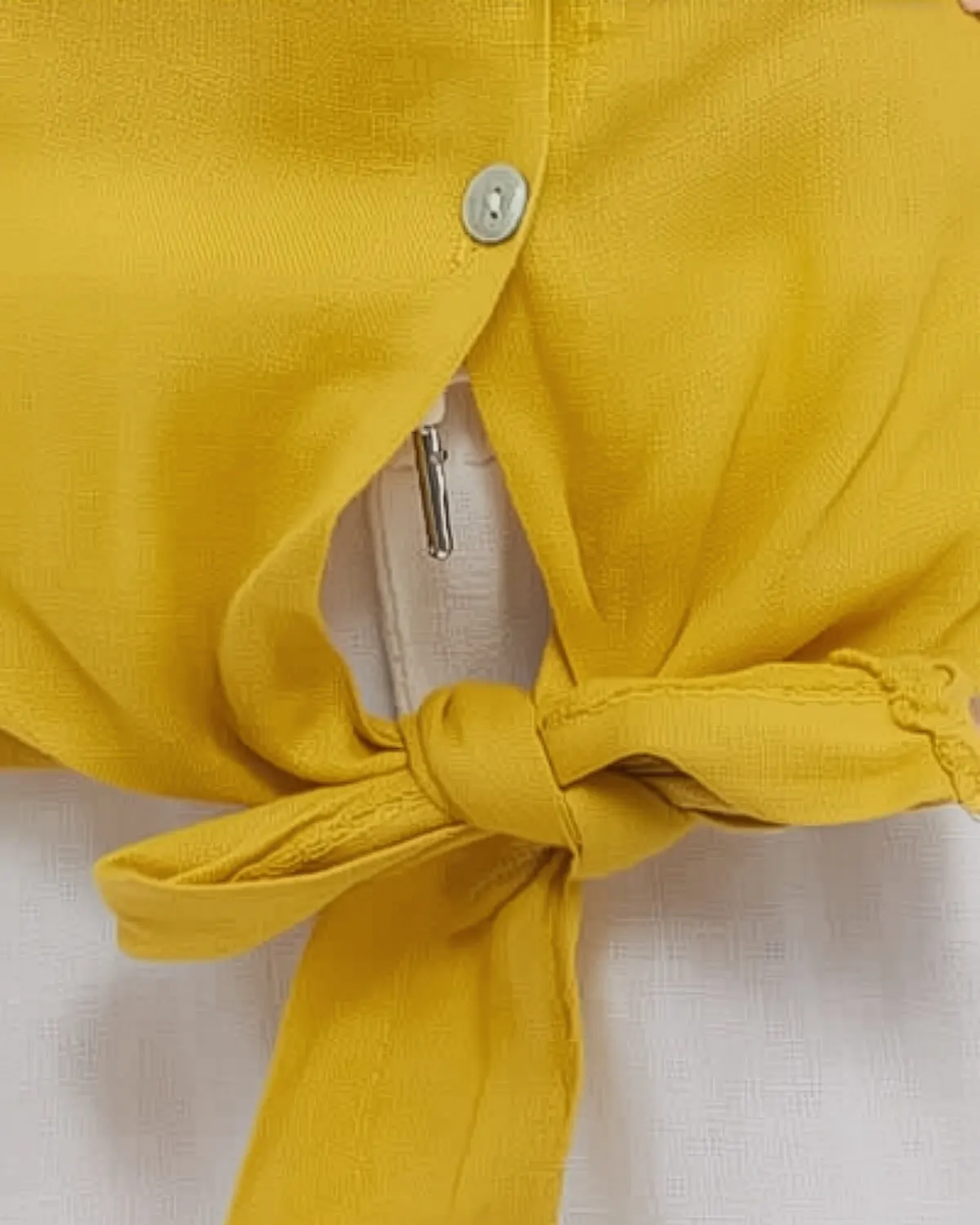 Cămașă galbenă din in, stil smart casual, cu decolteu V și mâneci batwing [5]