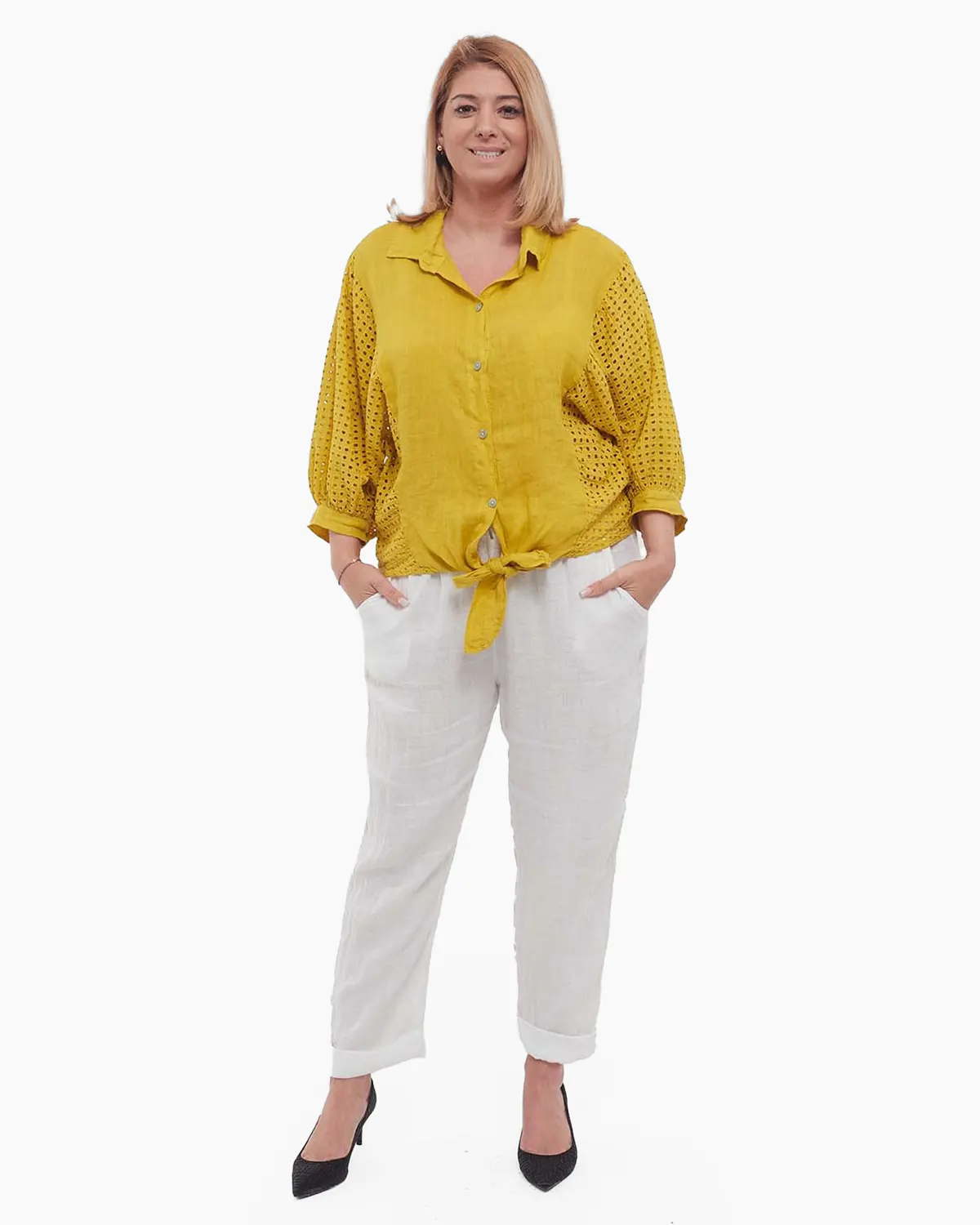 Cămașă galbenă din in, stil smart casual, cu decolteu V și mâneci batwing [4]