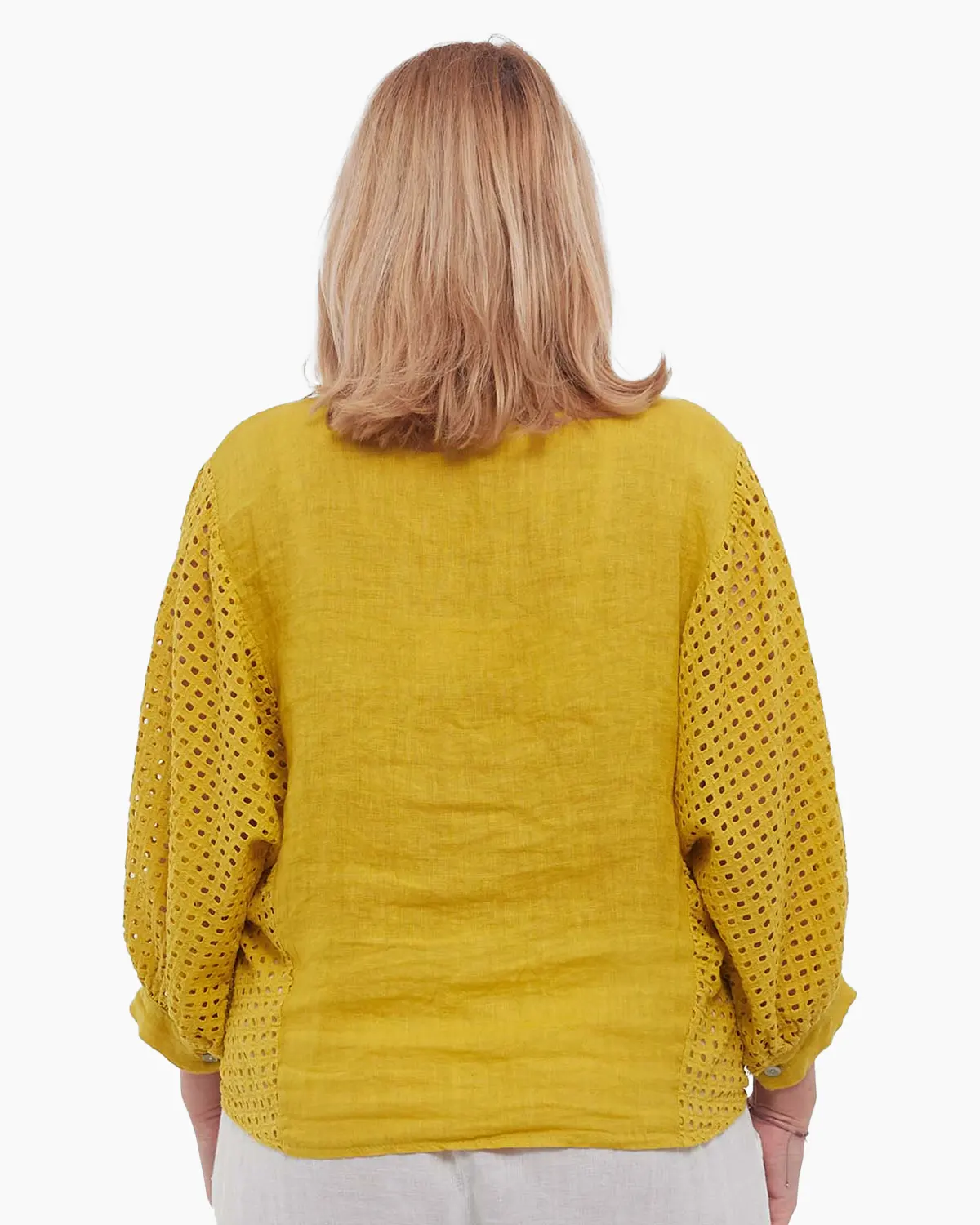 Cămașă galbenă din in, stil smart casual, cu decolteu V și mâneci batwing [2]