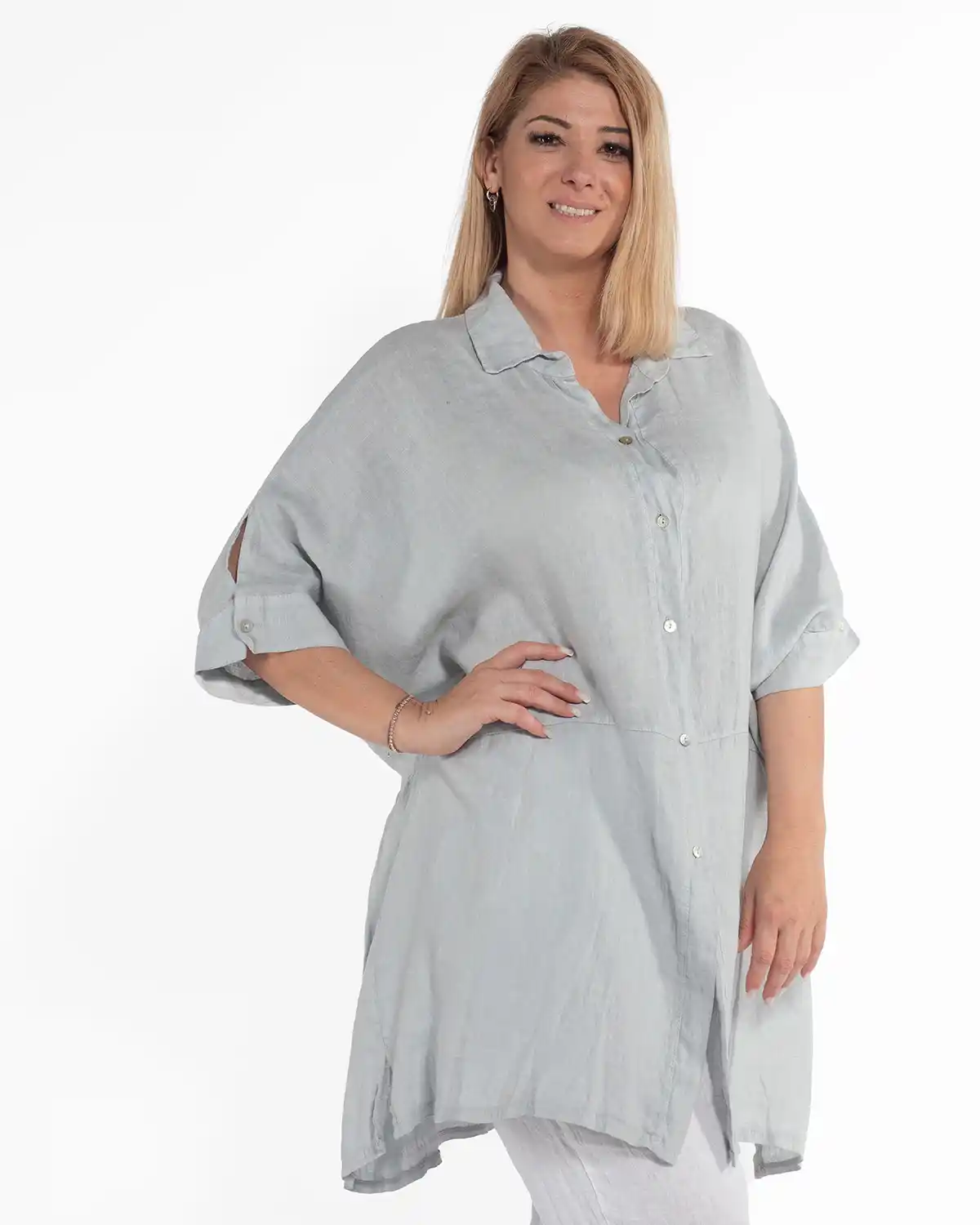 Cămașă gri tip tunică din in, croială lejeră pentru mărimi plus-size [4]