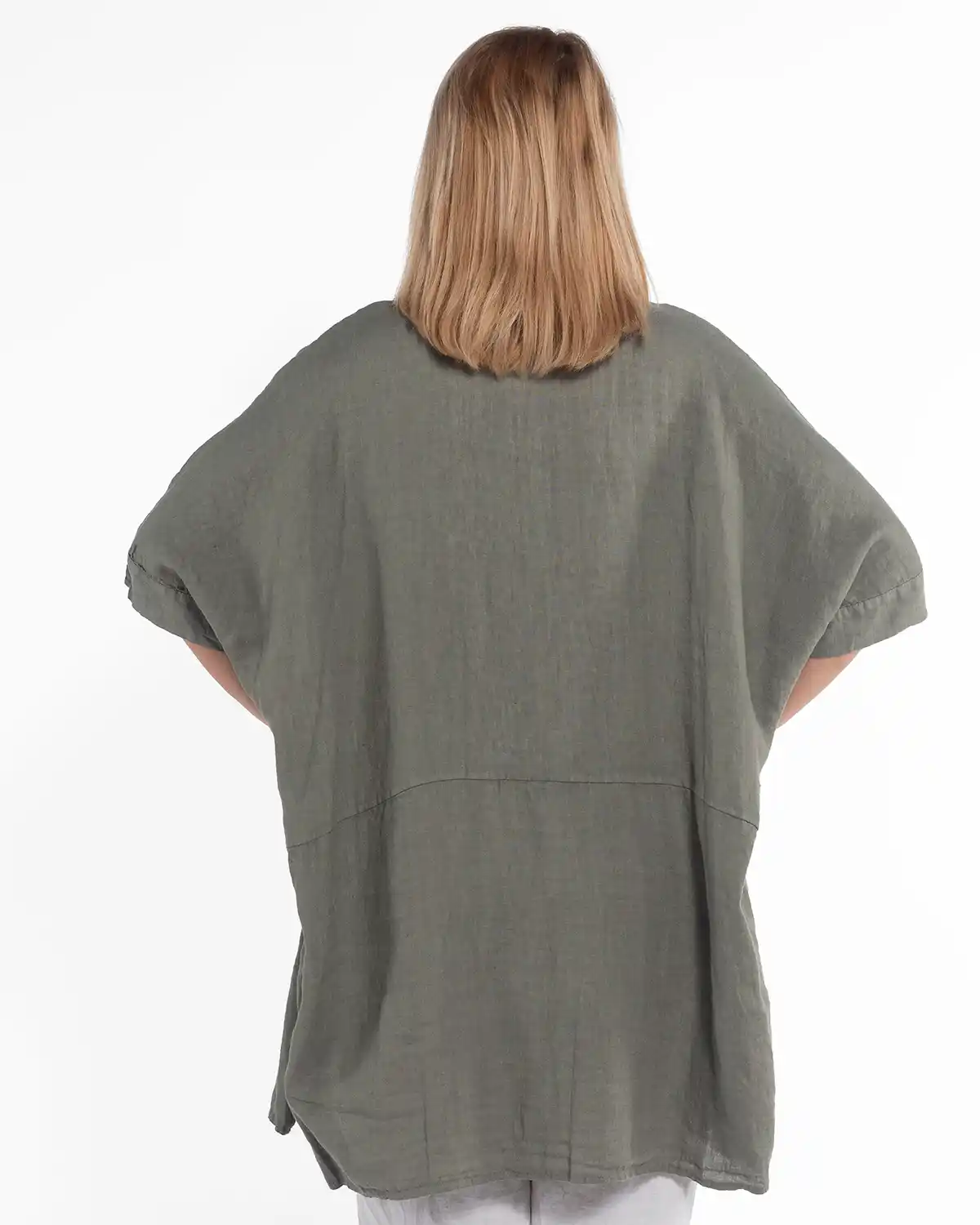 Cămașă lungă kaki din in, tip tunică amplă pentru siluete plus-size [2]