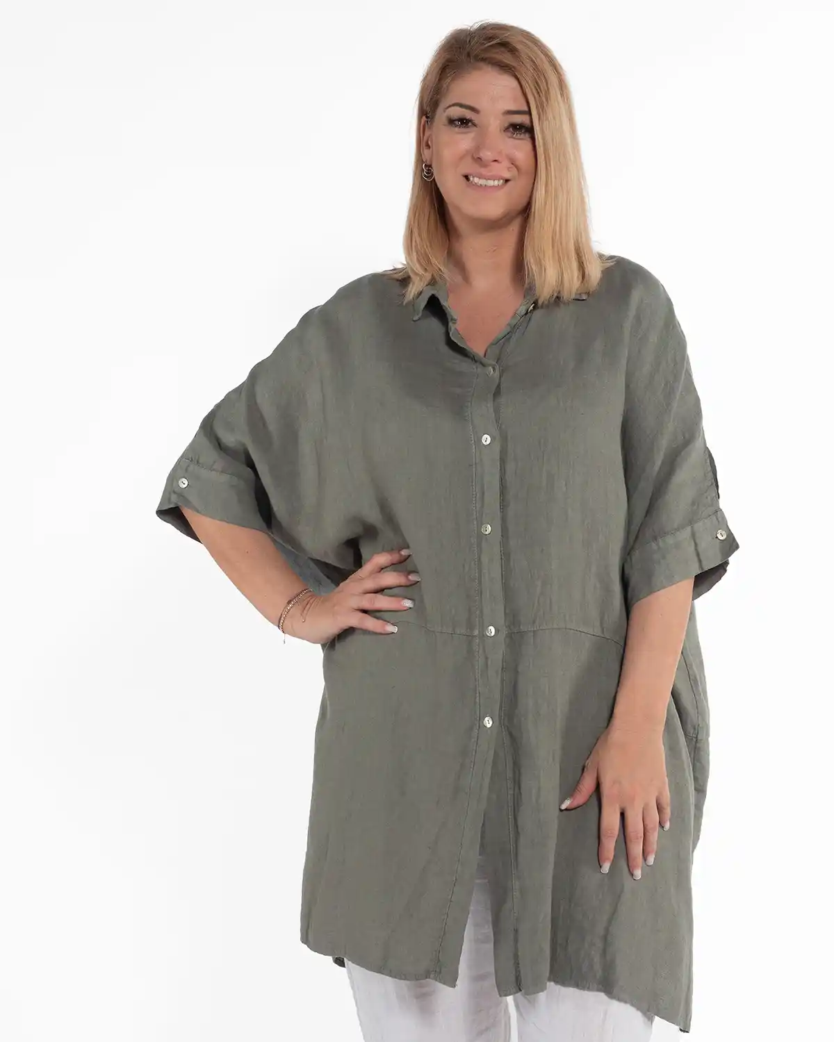 Cămașă lungă kaki din in, tip tunică amplă pentru siluete plus-size [1]