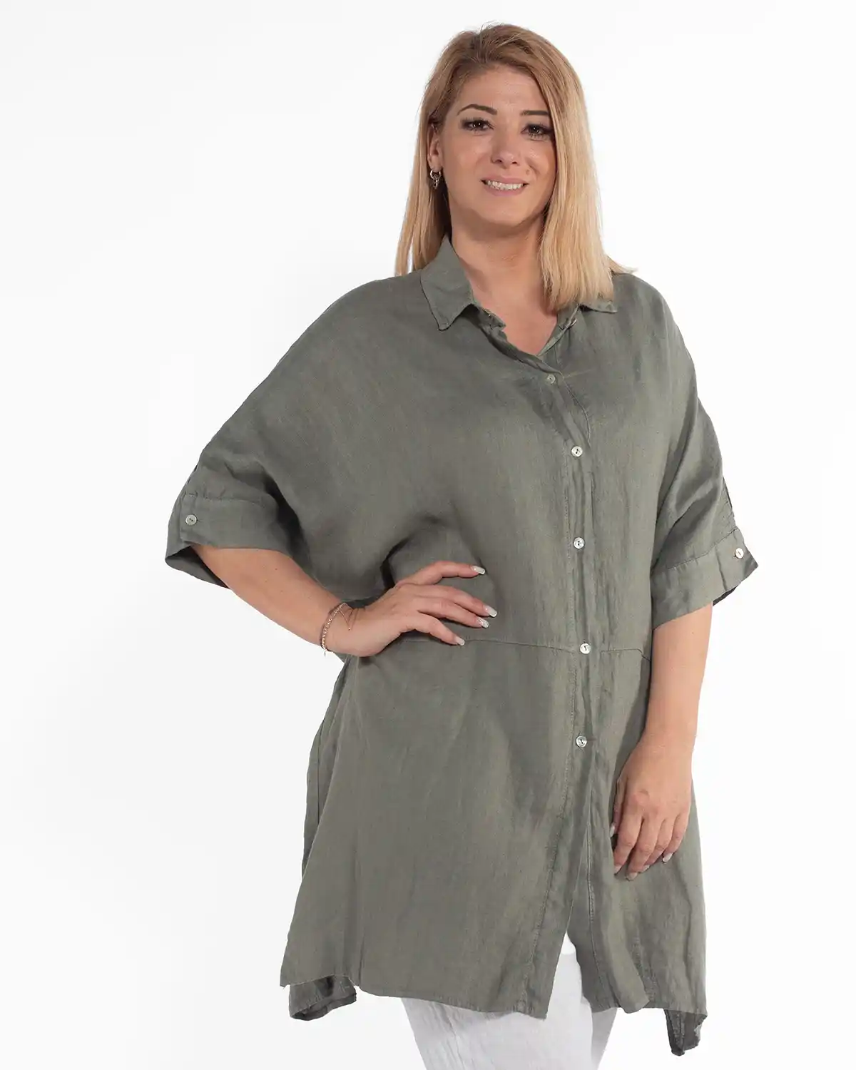 Cămașă lungă kaki din in, tip tunică amplă pentru siluete plus-size [4]