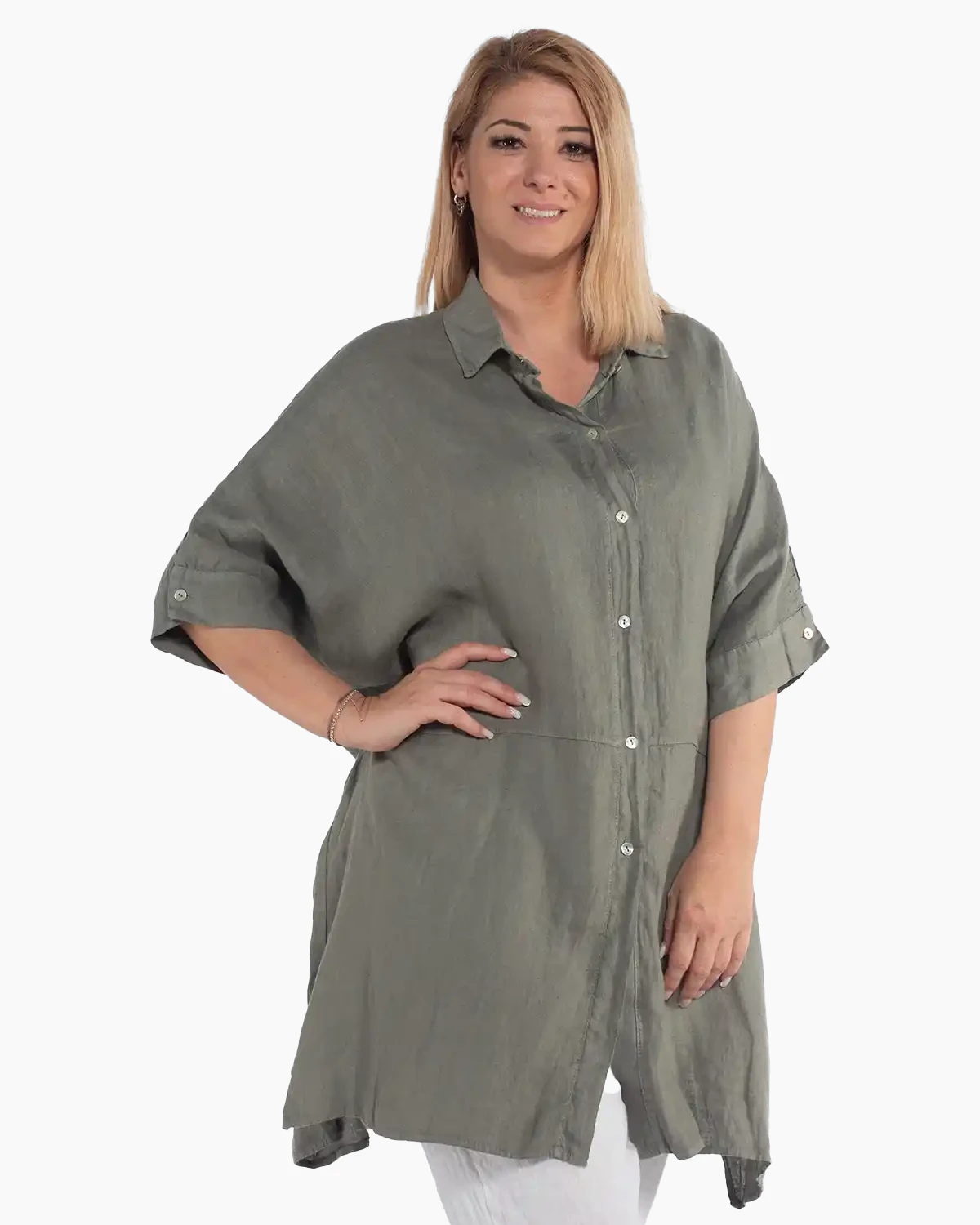 Cămașă lungă kaki din in, tip tunică amplă pentru siluete plus-size [4]