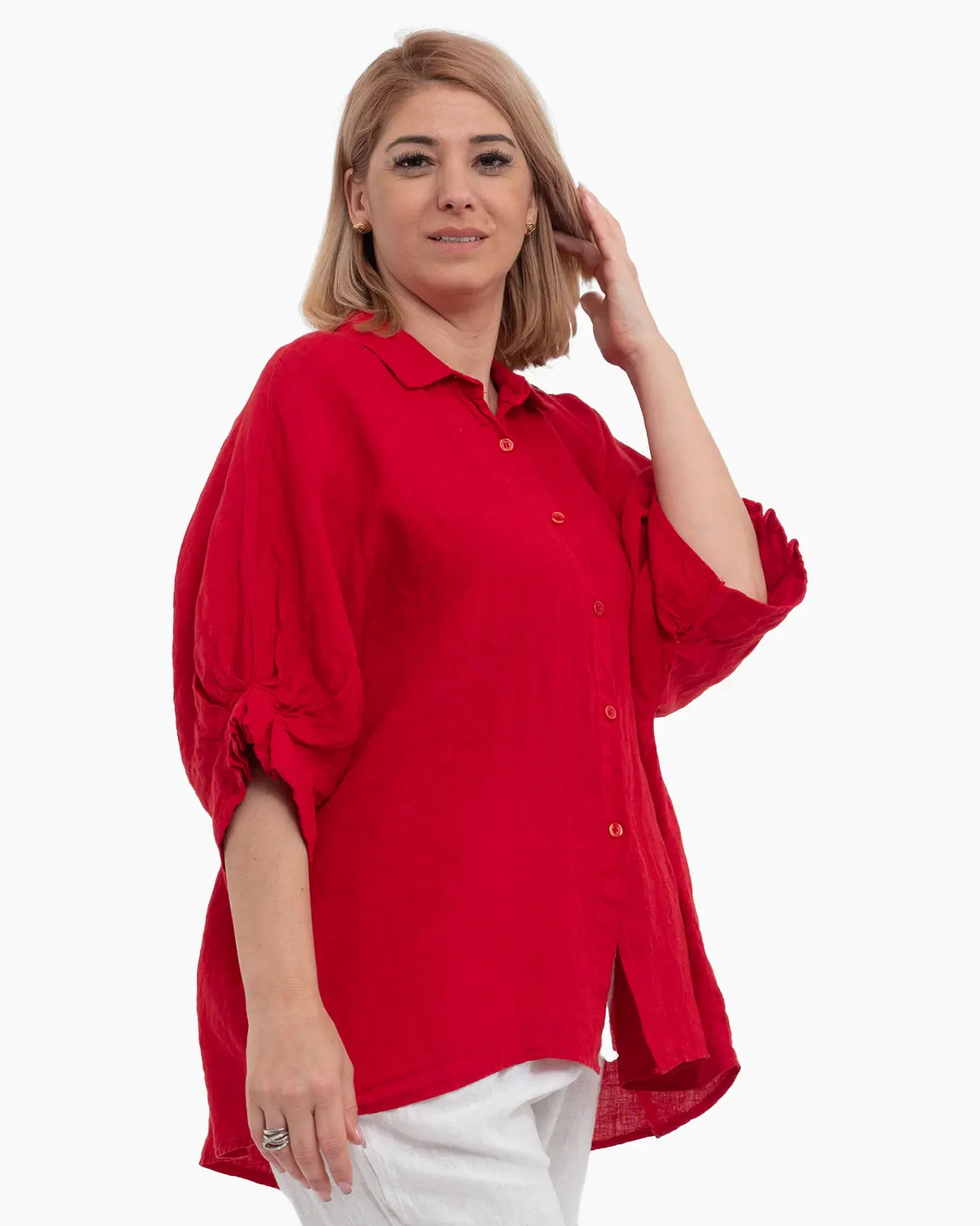 Cămașă oversize roșie din in cu fundă la spate și volane [3]