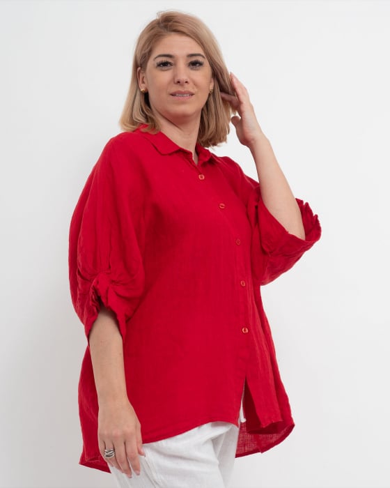 Cămașă oversize roșie din in cu fundă la spate și volane [3]