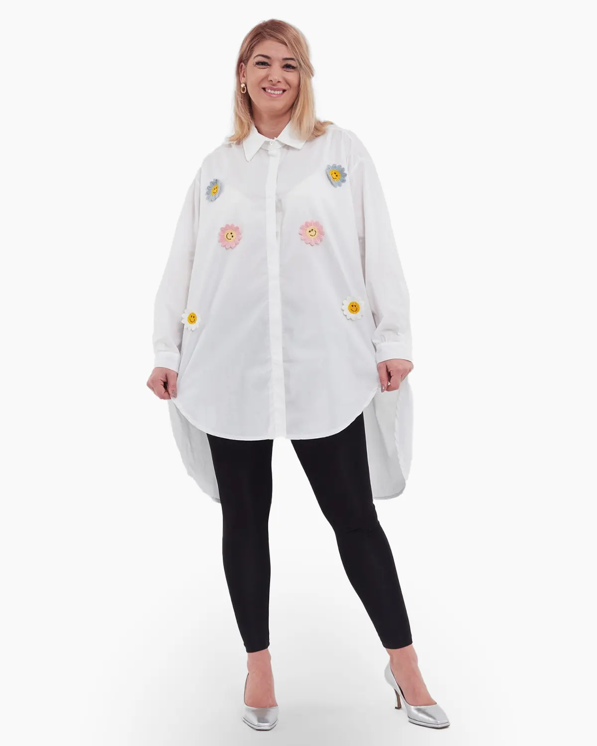Camasa oversized cu floricele, din bumbac alb [2]
