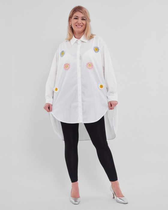 Camasa oversized cu floricele, din bumbac alb [2]