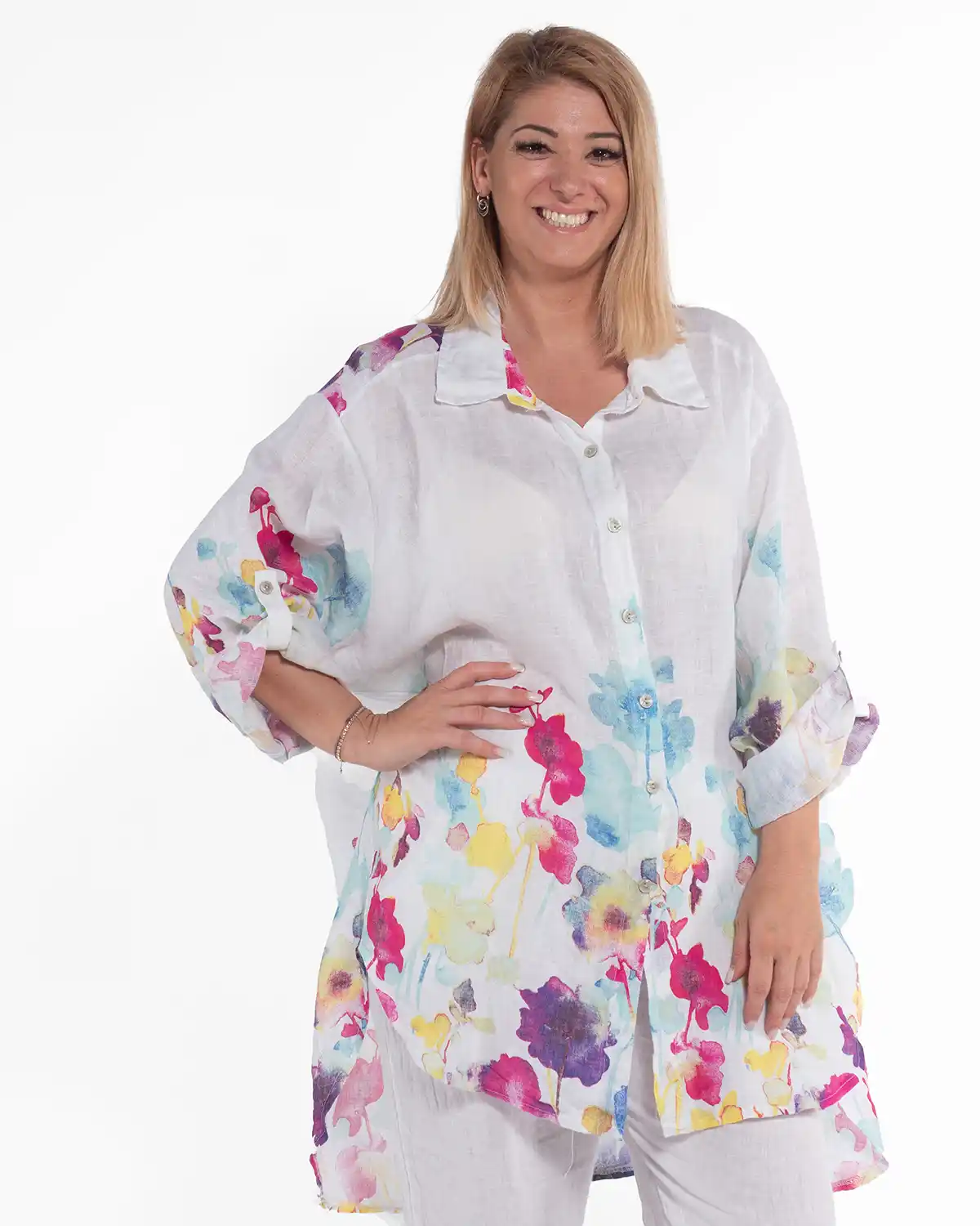 Cămașă tunică amplă din in alb cu imprimeu floral rafinat [4]