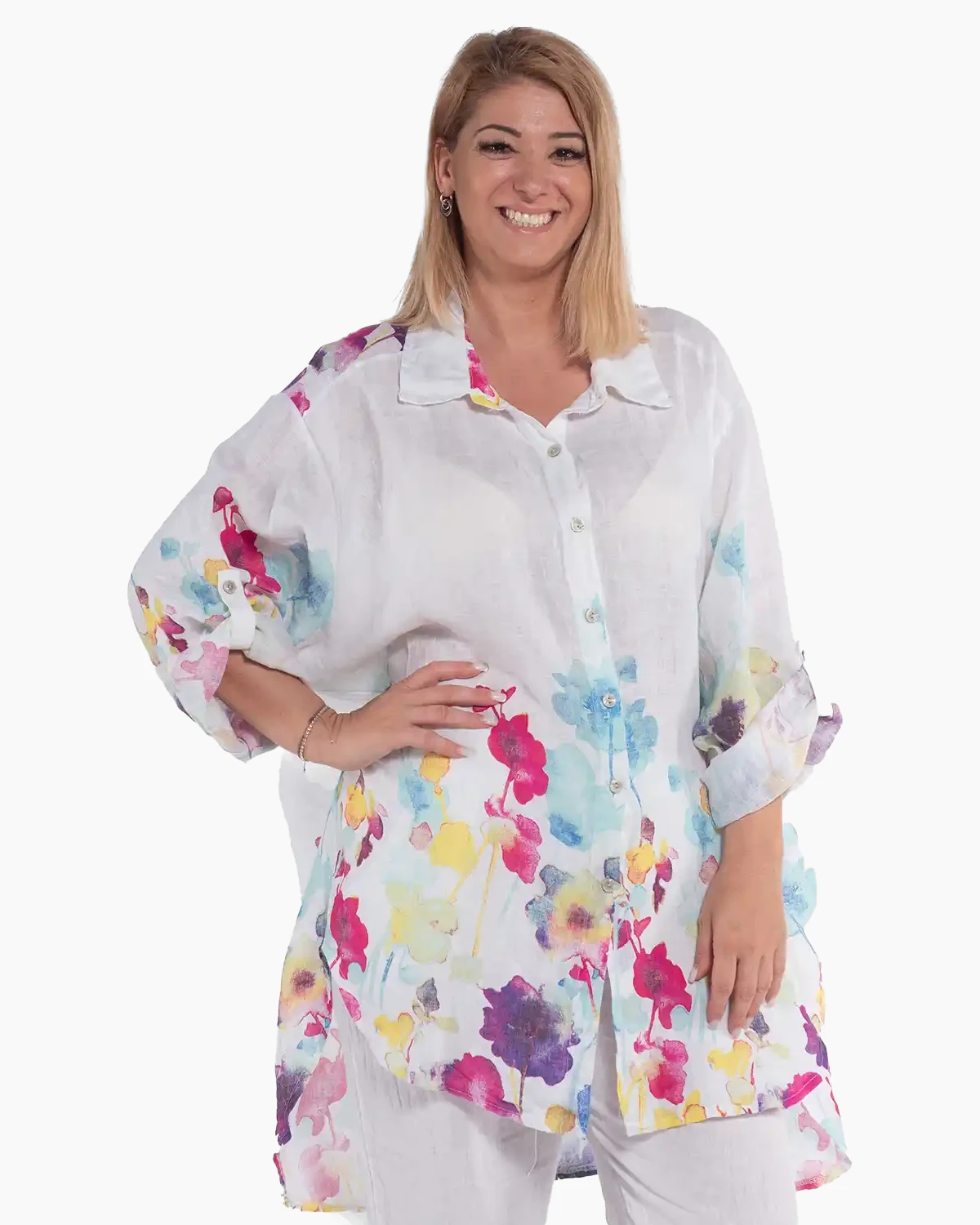 Cămașă tunică amplă din in alb cu imprimeu floral rafinat [4]