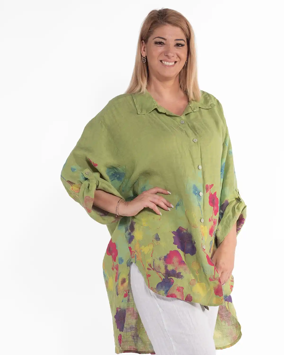 Cămașă tunică fluidă vernil din in cu imprimeu floral [4]