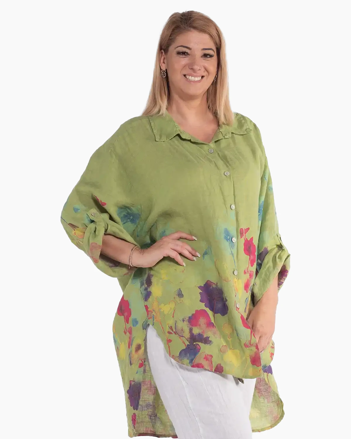 Cămașă tunică fluidă vernil din in cu imprimeu floral [4]