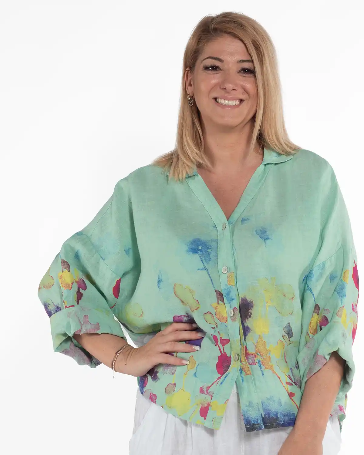 Cămașă vernil din in cu imprimeu floral și design amplu de inspirație boho [1]