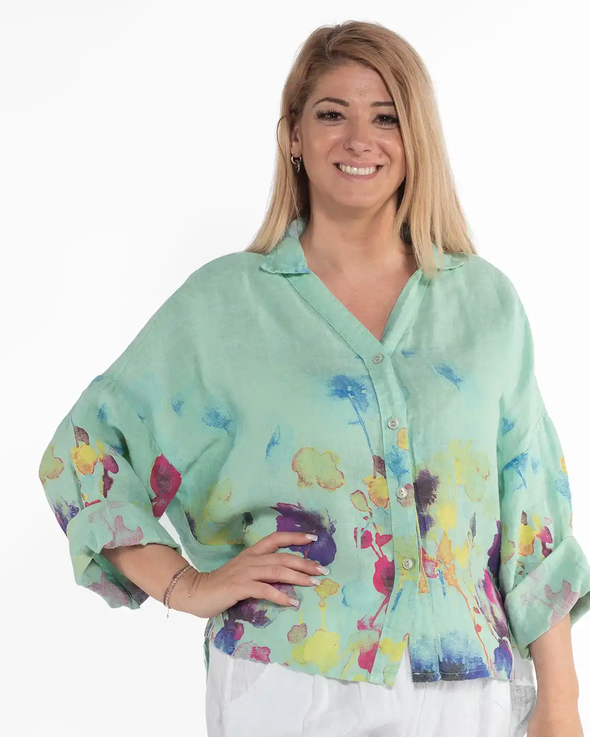 Cămașă vernil din in cu imprimeu floral și design amplu de inspirație boho [4]