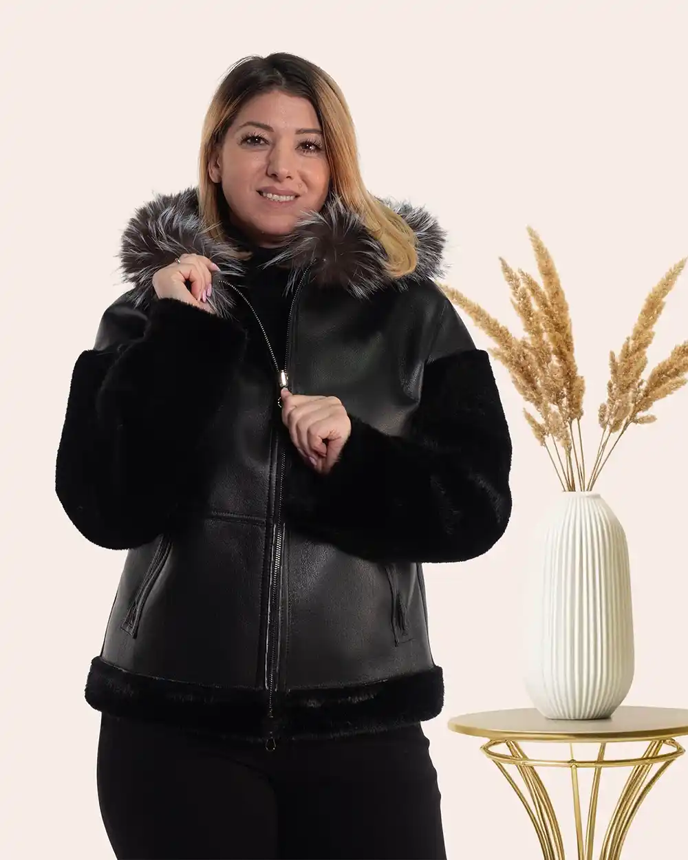 Cojoc blană negru reversibil Luxury cu glugă statement vulpe [4]