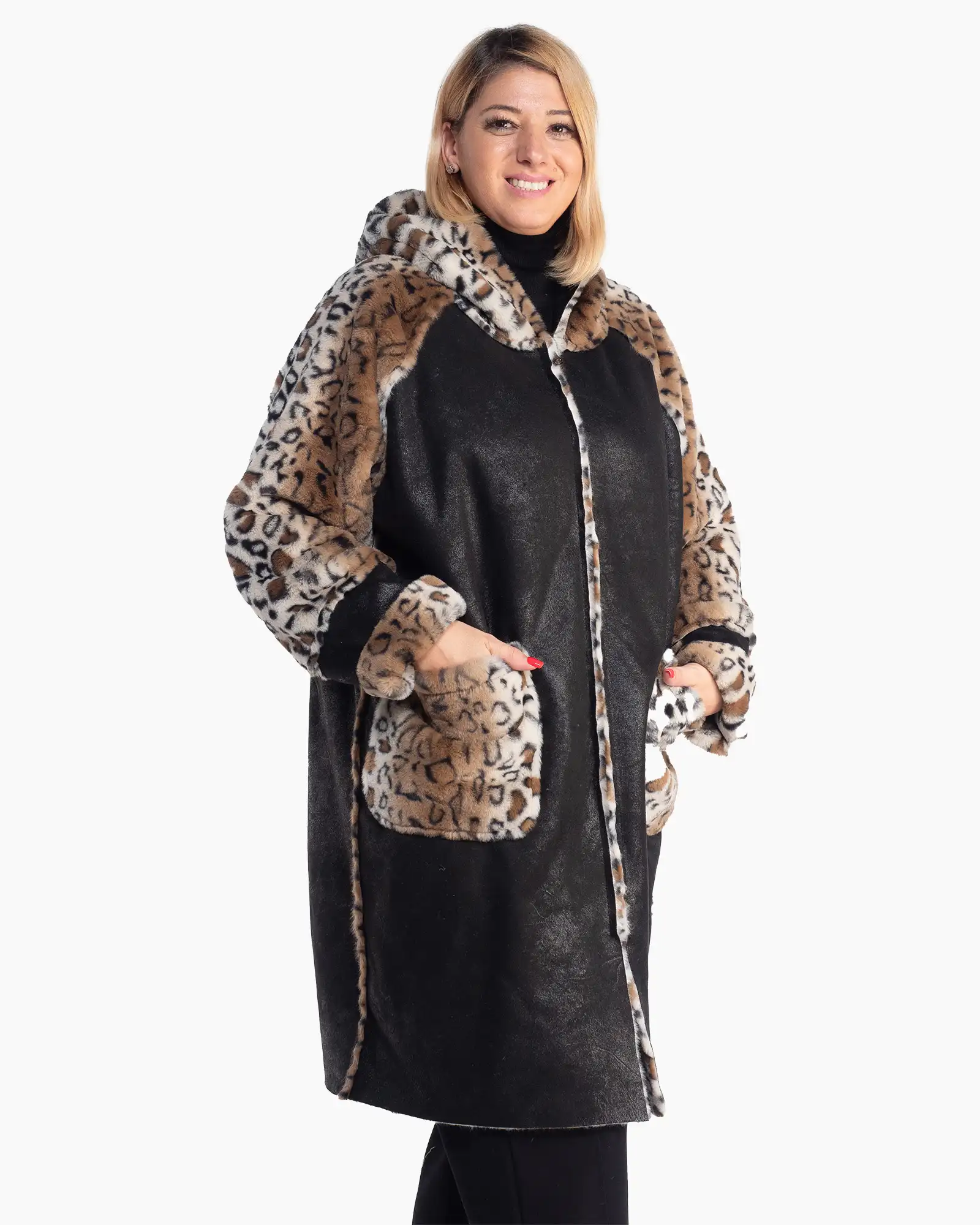 Cojoc reversibil cu blăniță animal print și elegantă parte neagră [4]