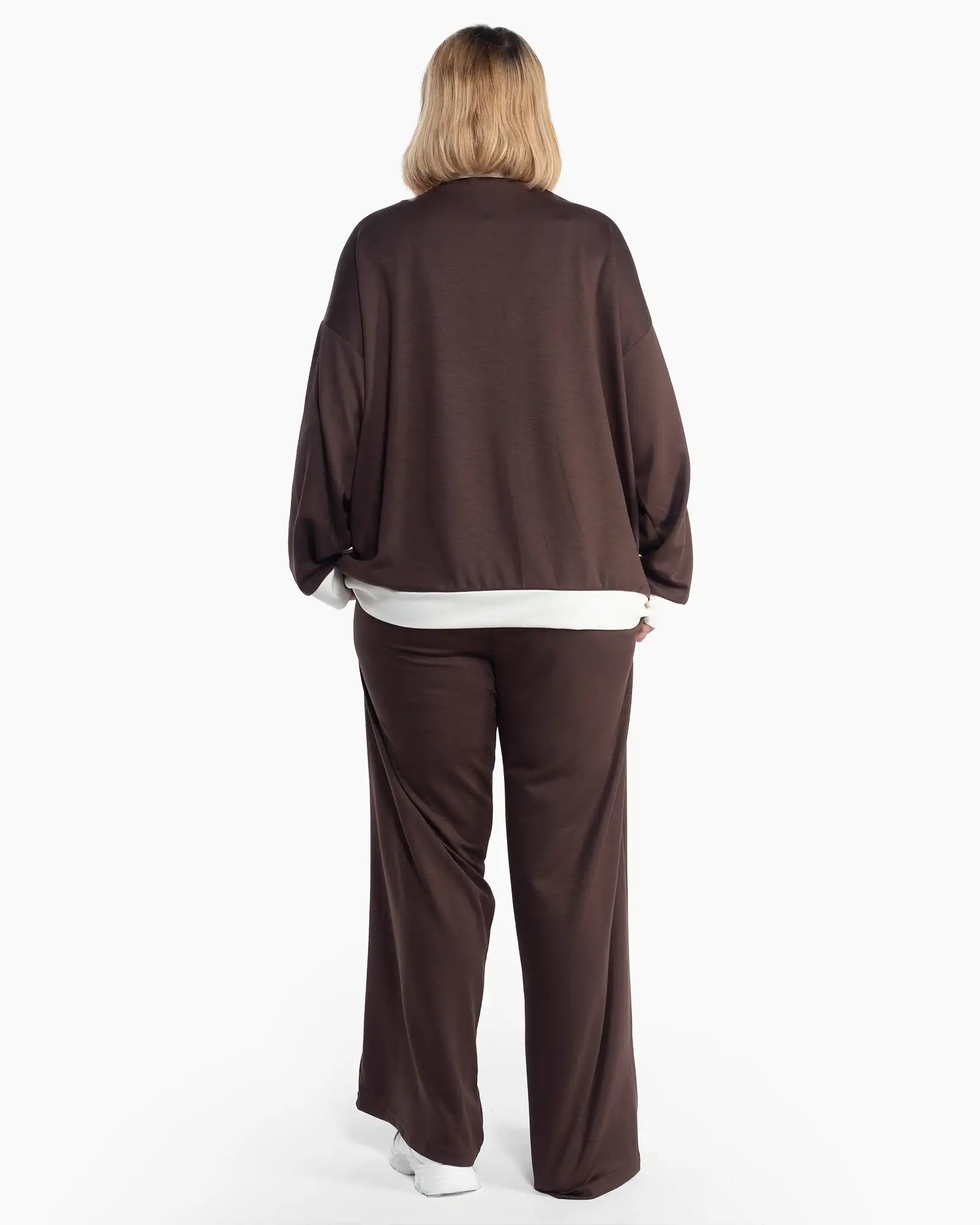 Compleu casual maro din bumbac cu design fluid și fermoar [2]