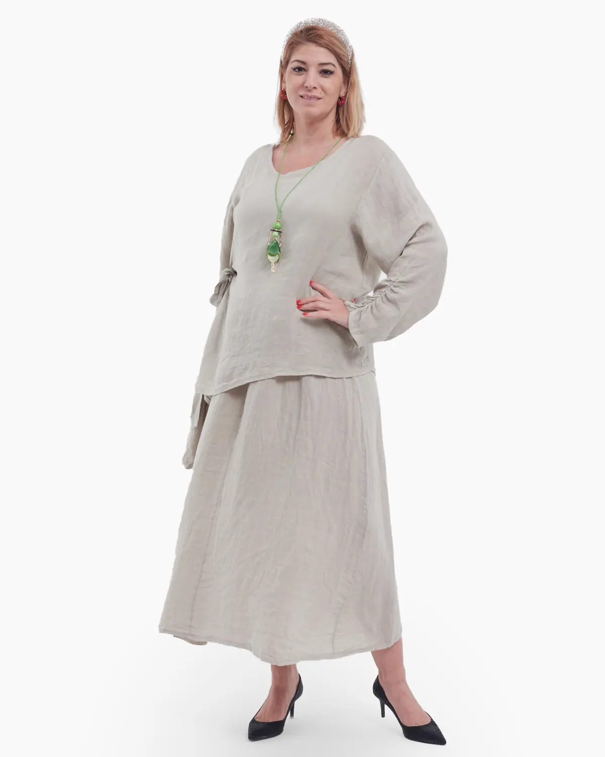 Compleu damă din in indigo – rochie tip maieu și bluză asimetrică cu fundă elegantă [2]