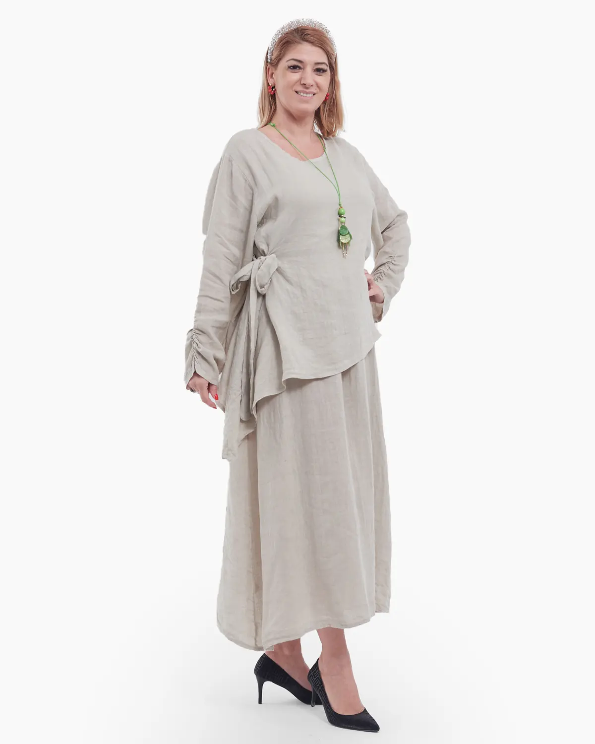 Compleu damă din in indigo – rochie tip maieu și bluză asimetrică cu fundă elegantă [3]