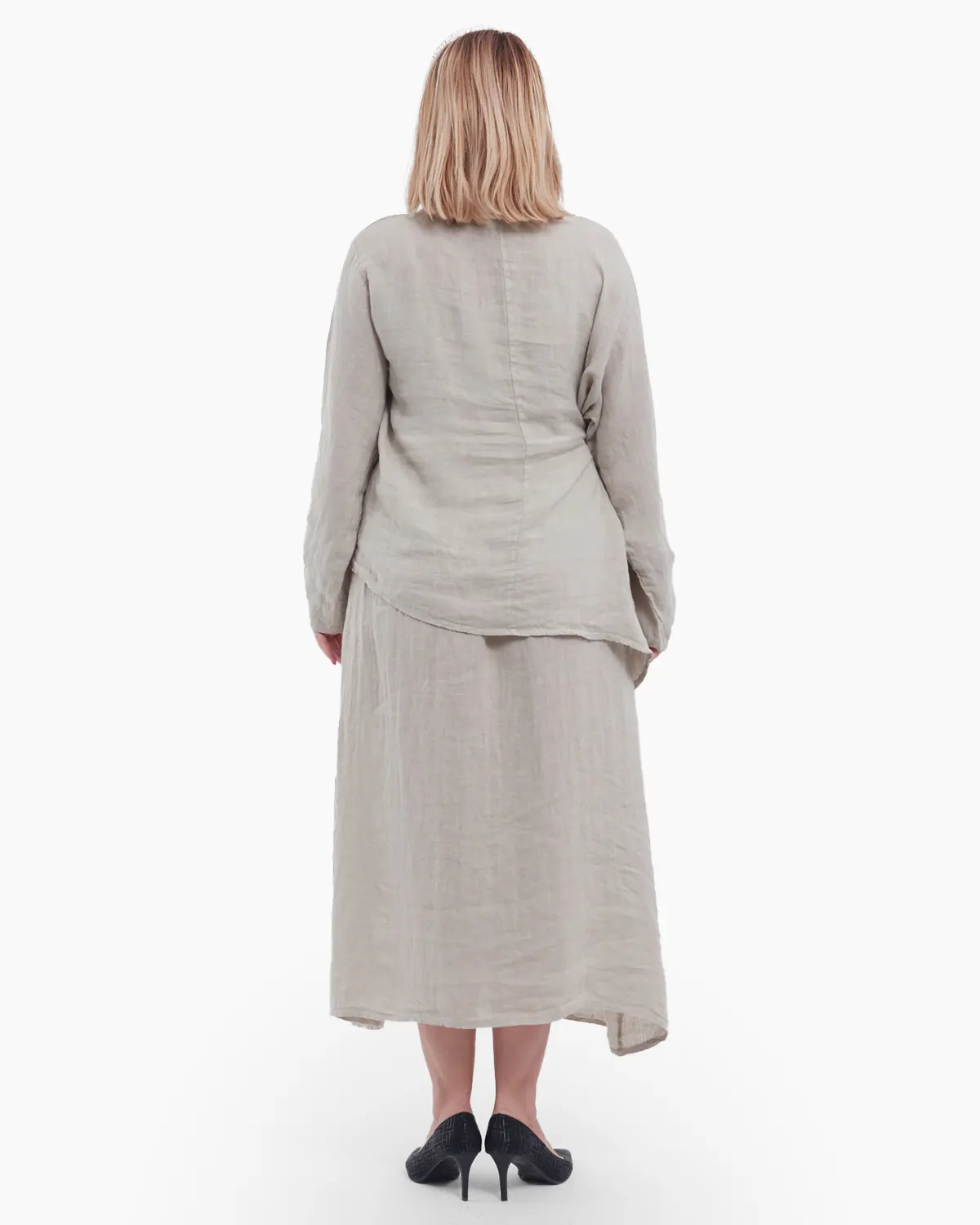 Compleu damă din in indigo – rochie tip maieu și bluză asimetrică cu fundă elegantă [5]