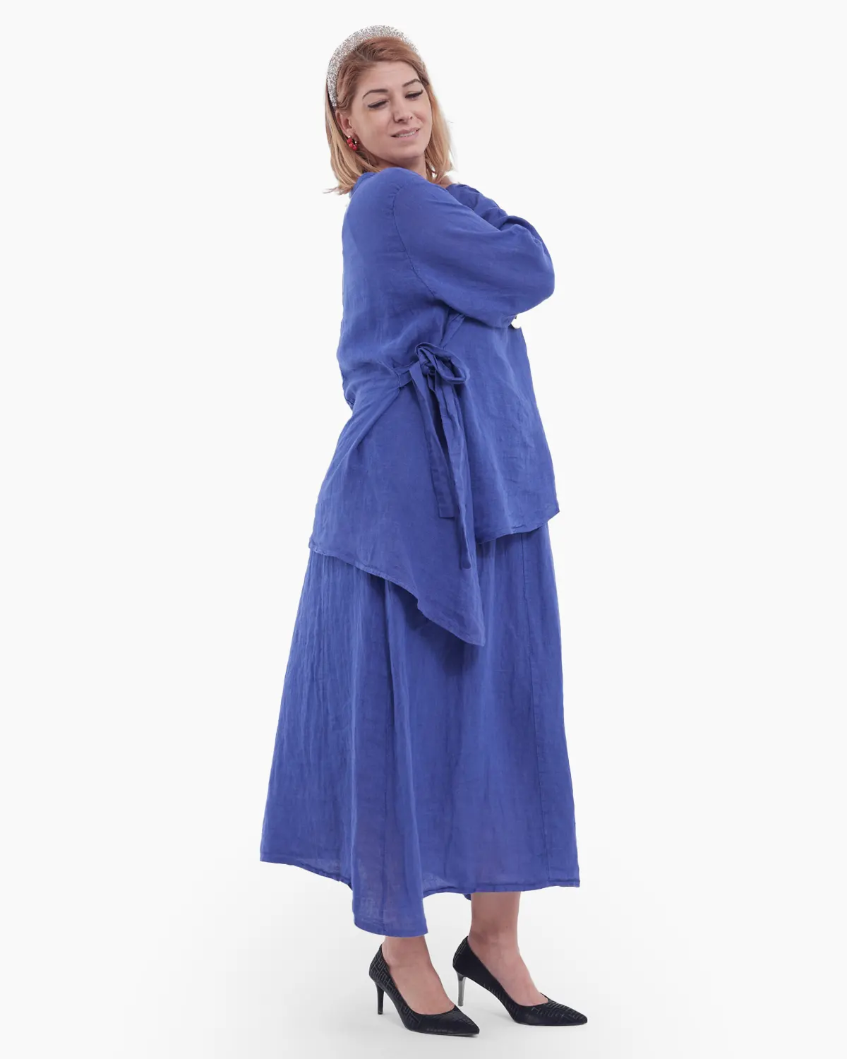 Compleu damă din in indigo – rochie tip maieu și bluză asimetrică cu fundă elegantă [2]