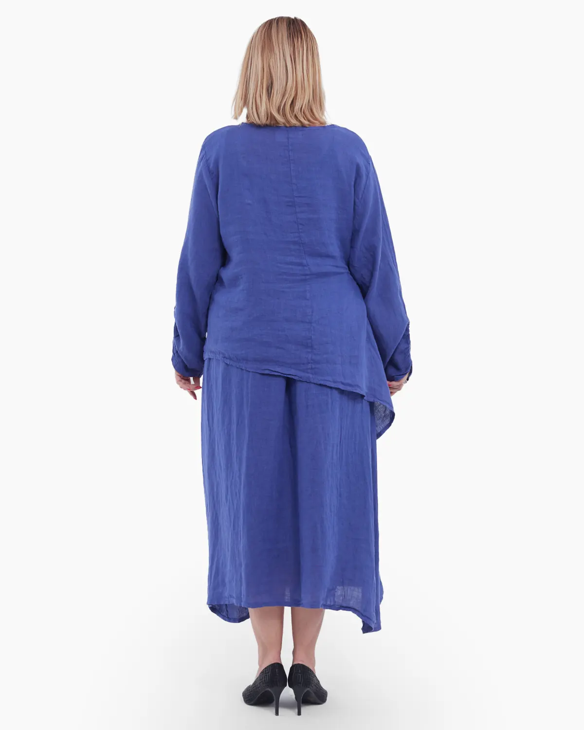 Compleu damă din in indigo – rochie tip maieu și bluză asimetrică cu fundă elegantă [4]