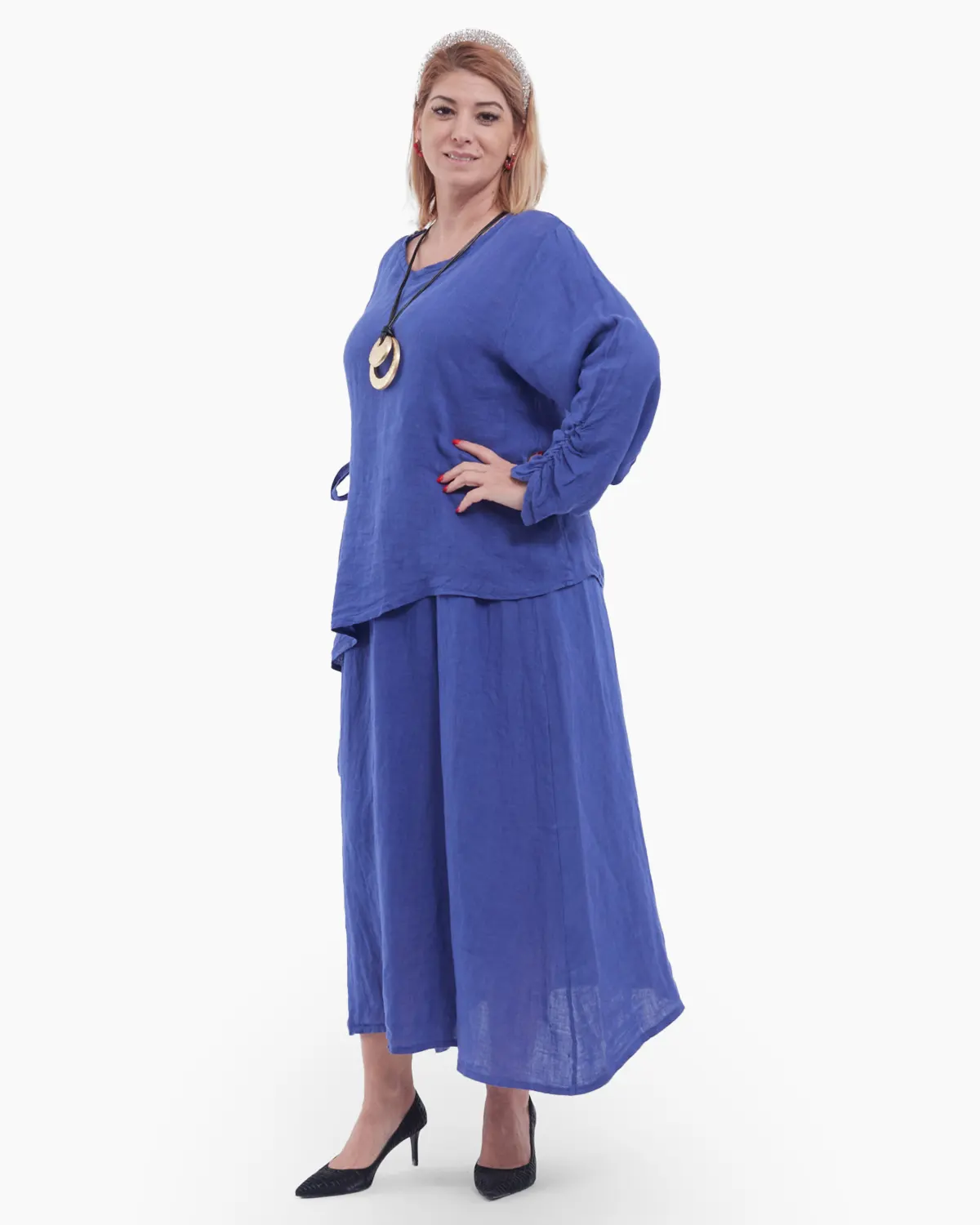 Compleu damă din in indigo – rochie tip maieu și bluză asimetrică cu fundă elegantă [3]