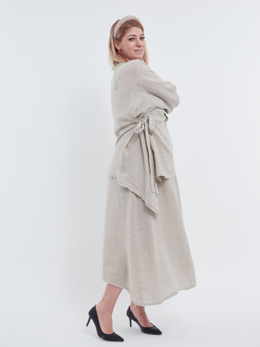 Compleu damă din in indigo – rochie tip maieu și bluză asimetrică cu fundă elegantă [4]