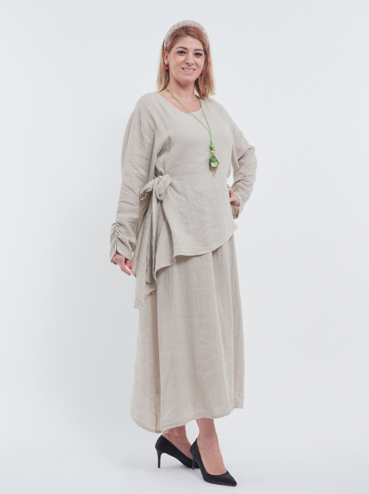 Compleu damă din in indigo – rochie tip maieu și bluză asimetrică cu fundă elegantă [3]