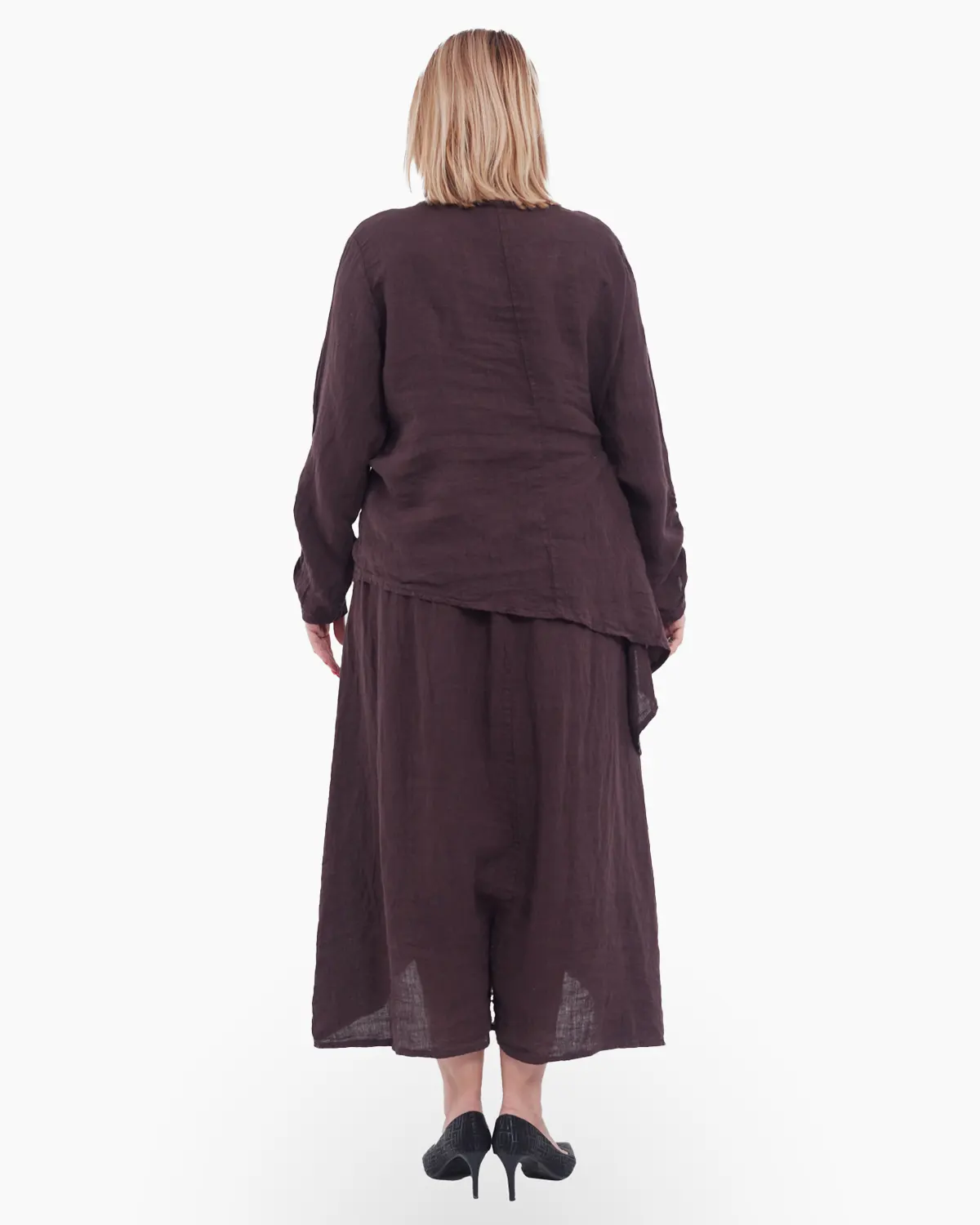 Compleu damă din in maro– rochie tip maieu și bluză asimetrică cu fundă elegantă [4]