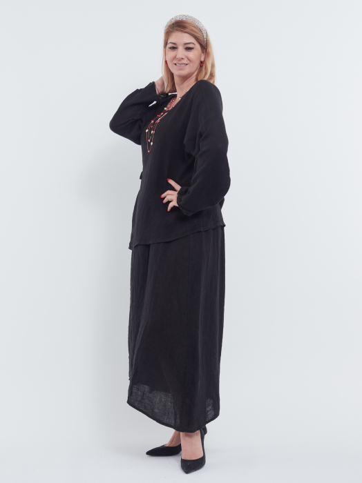 Compleu damă din in negru– rochie tip maieu și bluză asimetrică cu fundă elegantă [3]