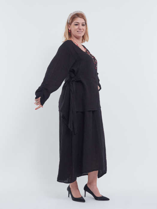 Compleu damă din in negru– rochie tip maieu și bluză asimetrică cu fundă elegantă [2]