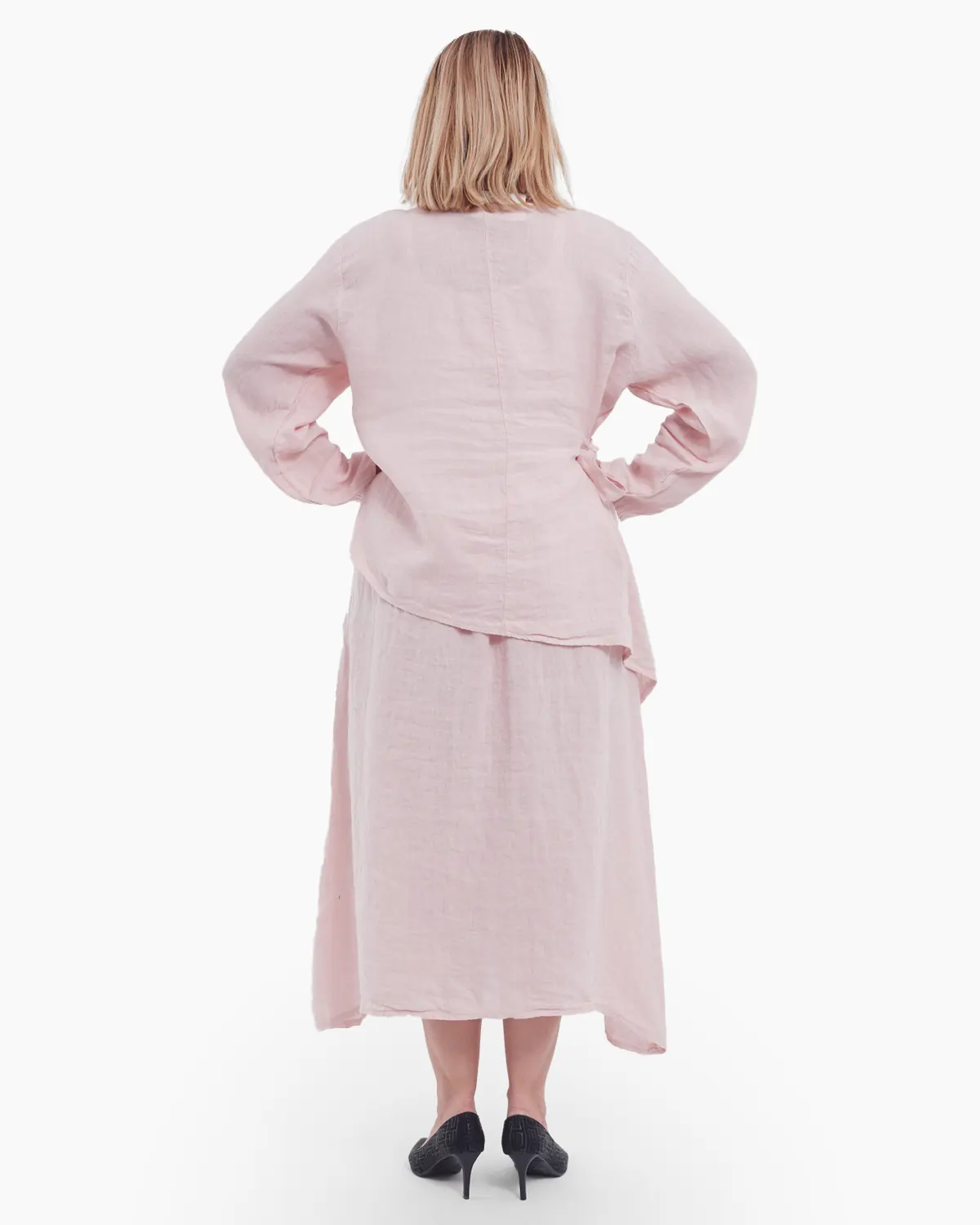 Compleu damă din in roz pudrat – rochie tip maieu și bluză asimetrică cu fundă elegantă [3]