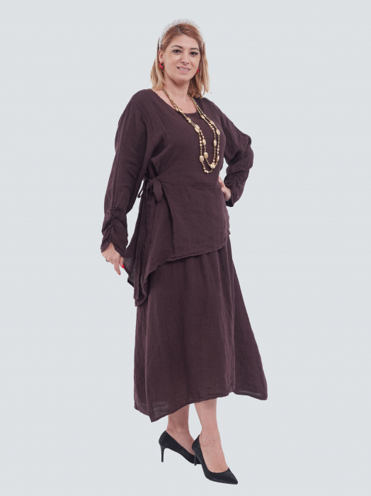 Compleu damă din in maro– rochie tip maieu și bluză asimetrică cu fundă elegantă [3]