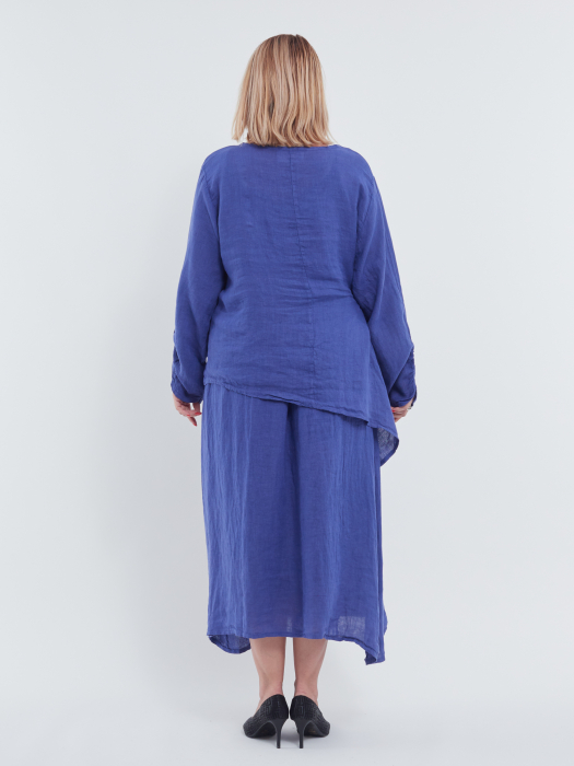 Compleu damă din in indigo – rochie tip maieu și bluză asimetrică cu fundă elegantă [4]