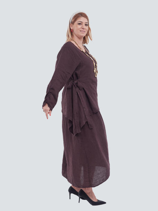 Compleu damă din in maro– rochie tip maieu și bluză asimetrică cu fundă elegantă [2]
