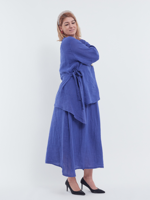 Compleu damă din in indigo – rochie tip maieu și bluză asimetrică cu fundă elegantă [2]