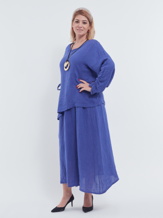 Compleu damă din in indigo – rochie tip maieu și bluză asimetrică cu fundă elegantă [3]