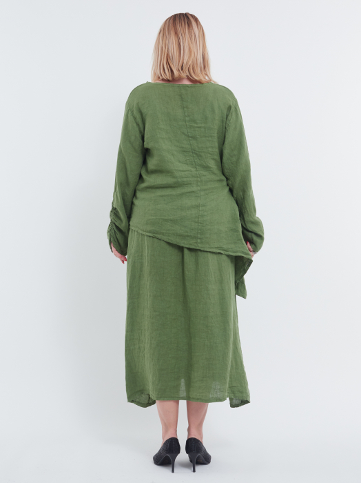 Compleu damă din in verde – rochie tip maieu și bluză asimetrică cu fundă elegantă [3]