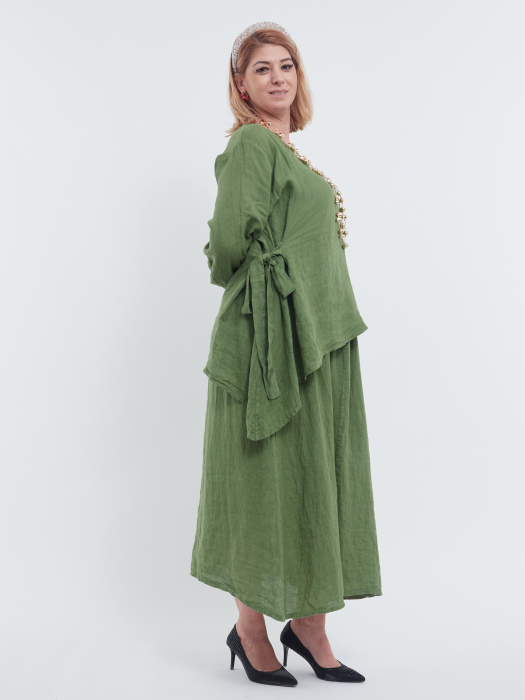 Compleu damă din in verde – rochie tip maieu și bluză asimetrică cu fundă elegantă [2]