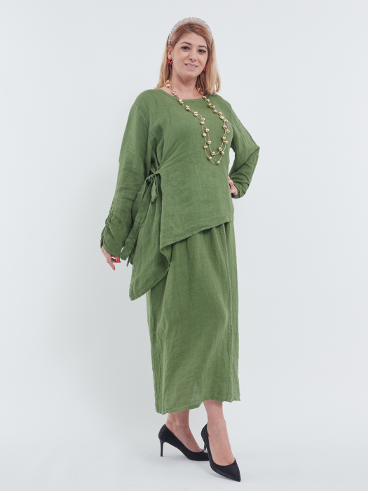 Compleu damă din in verde – rochie tip maieu și bluză asimetrică cu fundă elegantă [4]