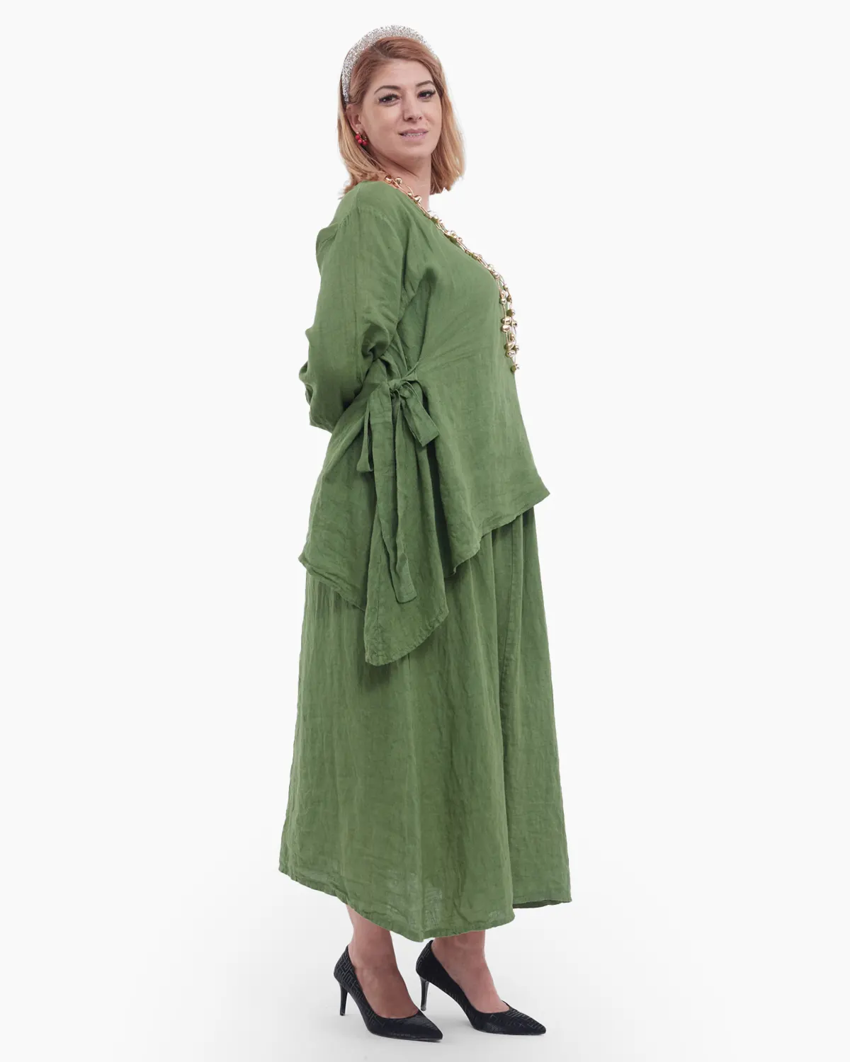 Compleu damă din in verde – rochie tip maieu și bluză asimetrică cu fundă elegantă [2]