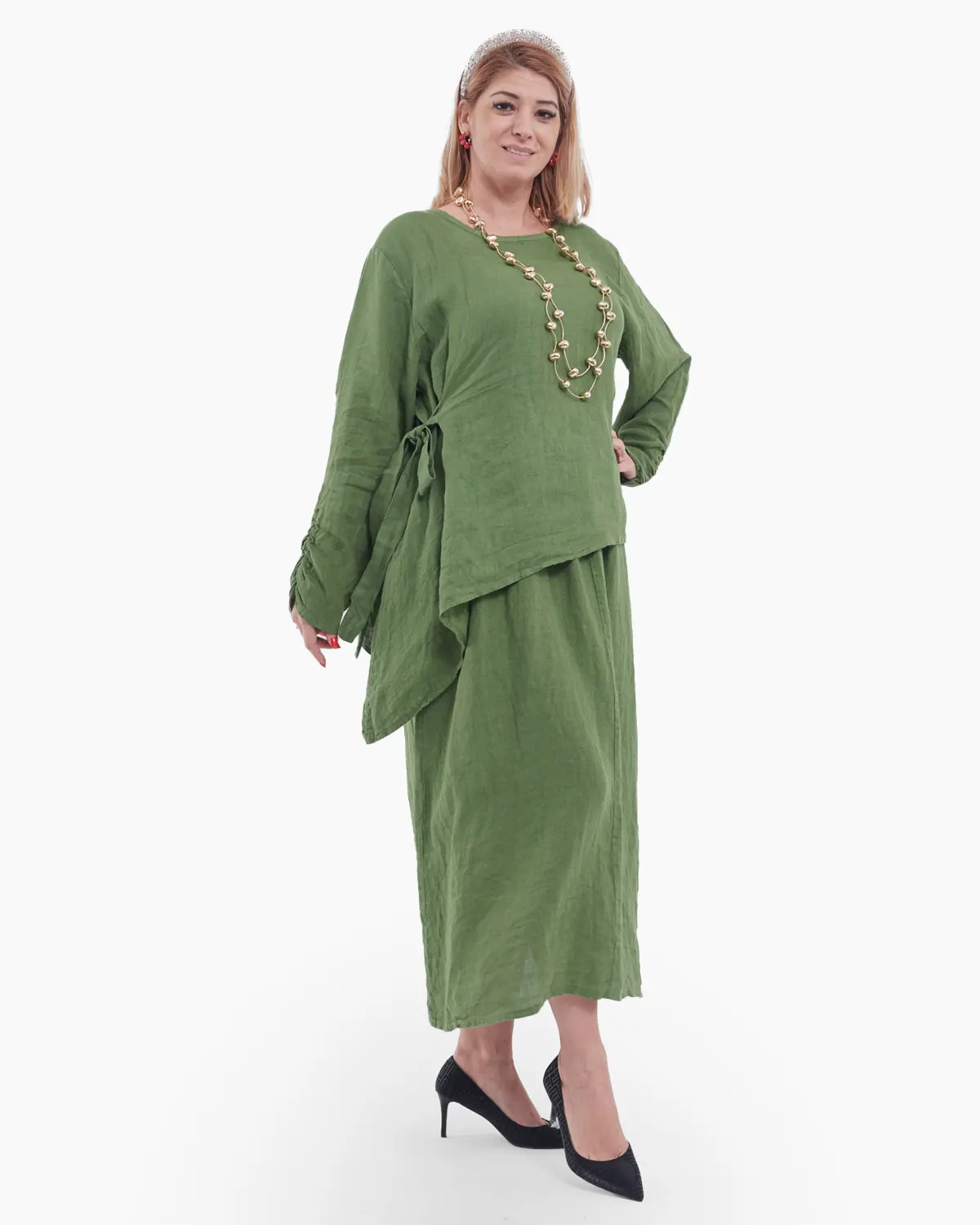 Compleu damă din in verde – rochie tip maieu și bluză asimetrică cu fundă elegantă [4]