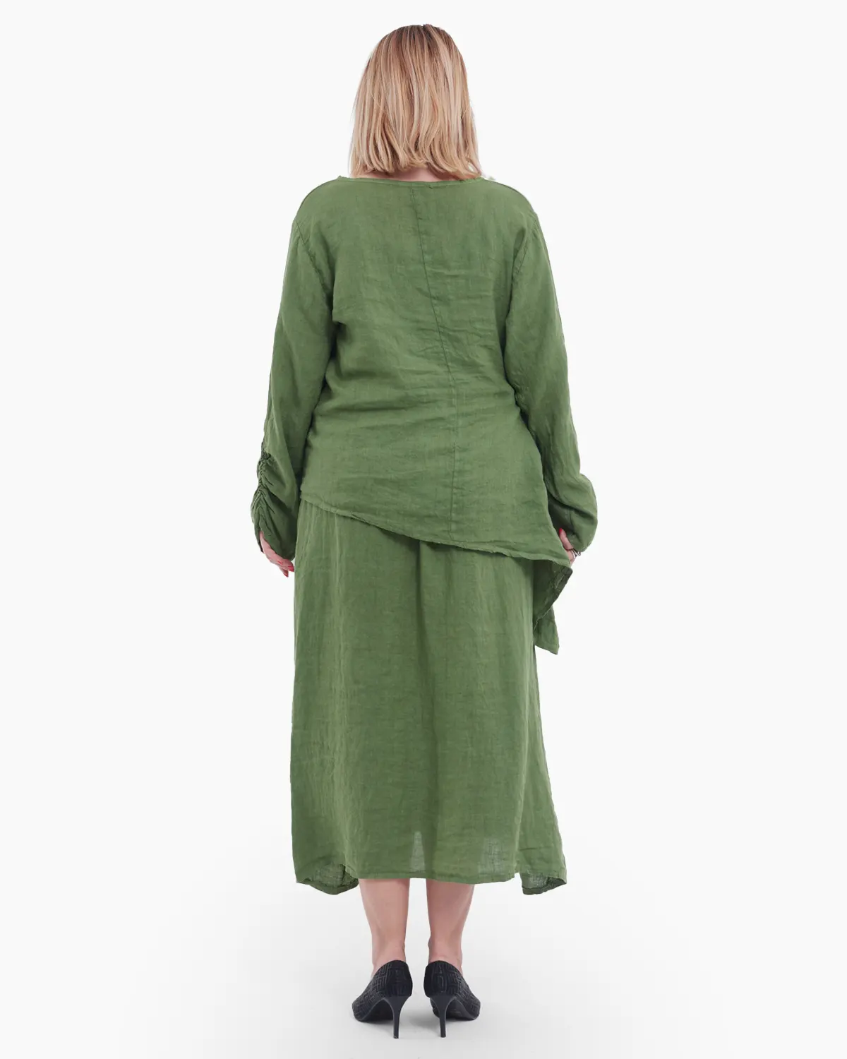 Compleu damă din in verde – rochie tip maieu și bluză asimetrică cu fundă elegantă [3]