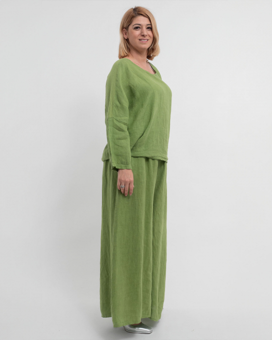 Compleu damă verde din in cu bluza cu umeri căzuți [2]