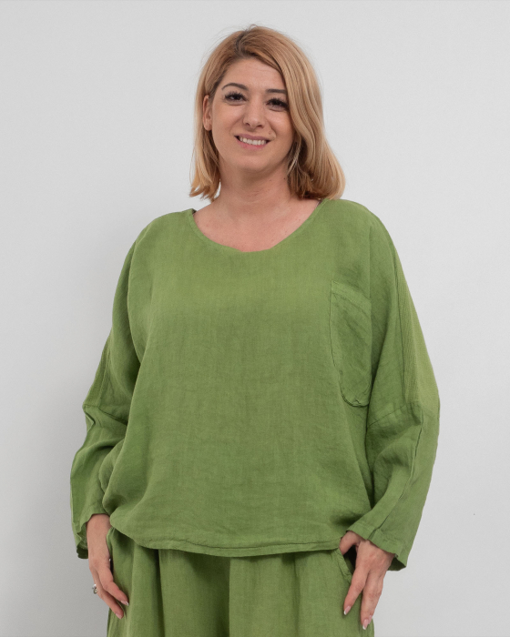 Compleu damă verde din in cu bluza cu umeri căzuți [3]