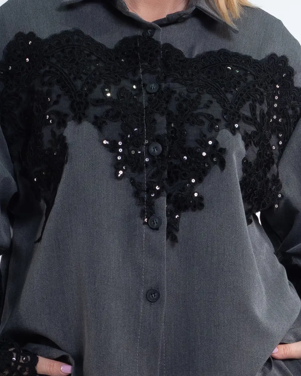 Compleu gri casual chic cu pantaloni evazați și dantelă neagră cu paiete [4]